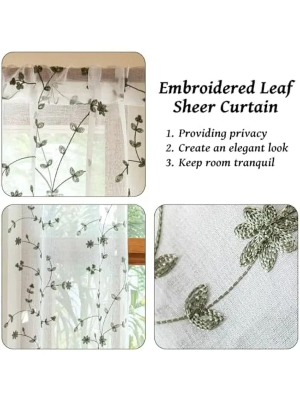 Leaf Flora Embroidered Semi-Sheer Curtains - Farmhouse Window Treatment, 53x84